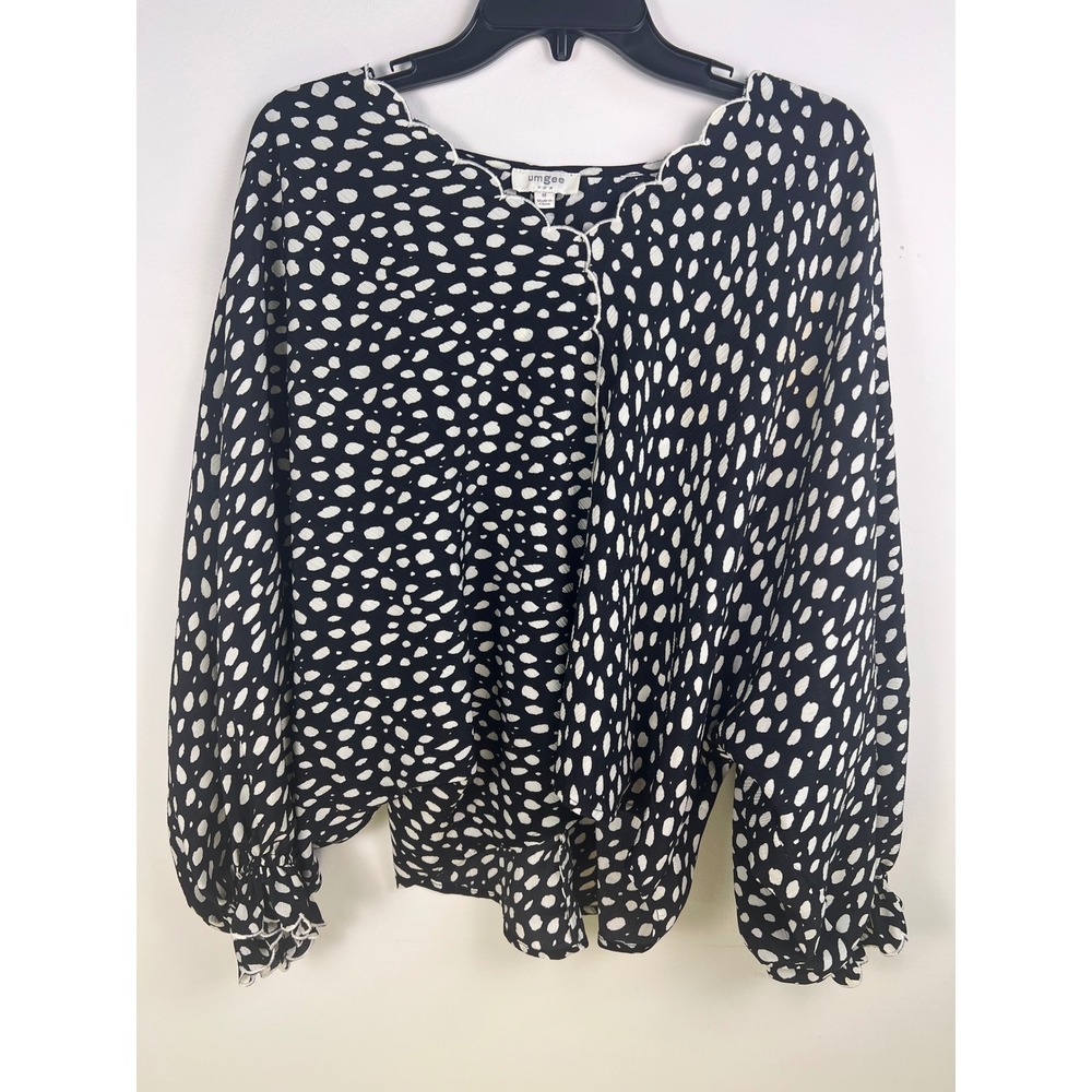 Umgee Womens Black‎ White Abstract Polka Dot Scalloped V-Neck Blouse sz Medium